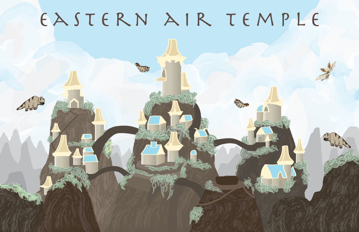 a poster in a painted style of the eastern air temple from avatar the last airbender show