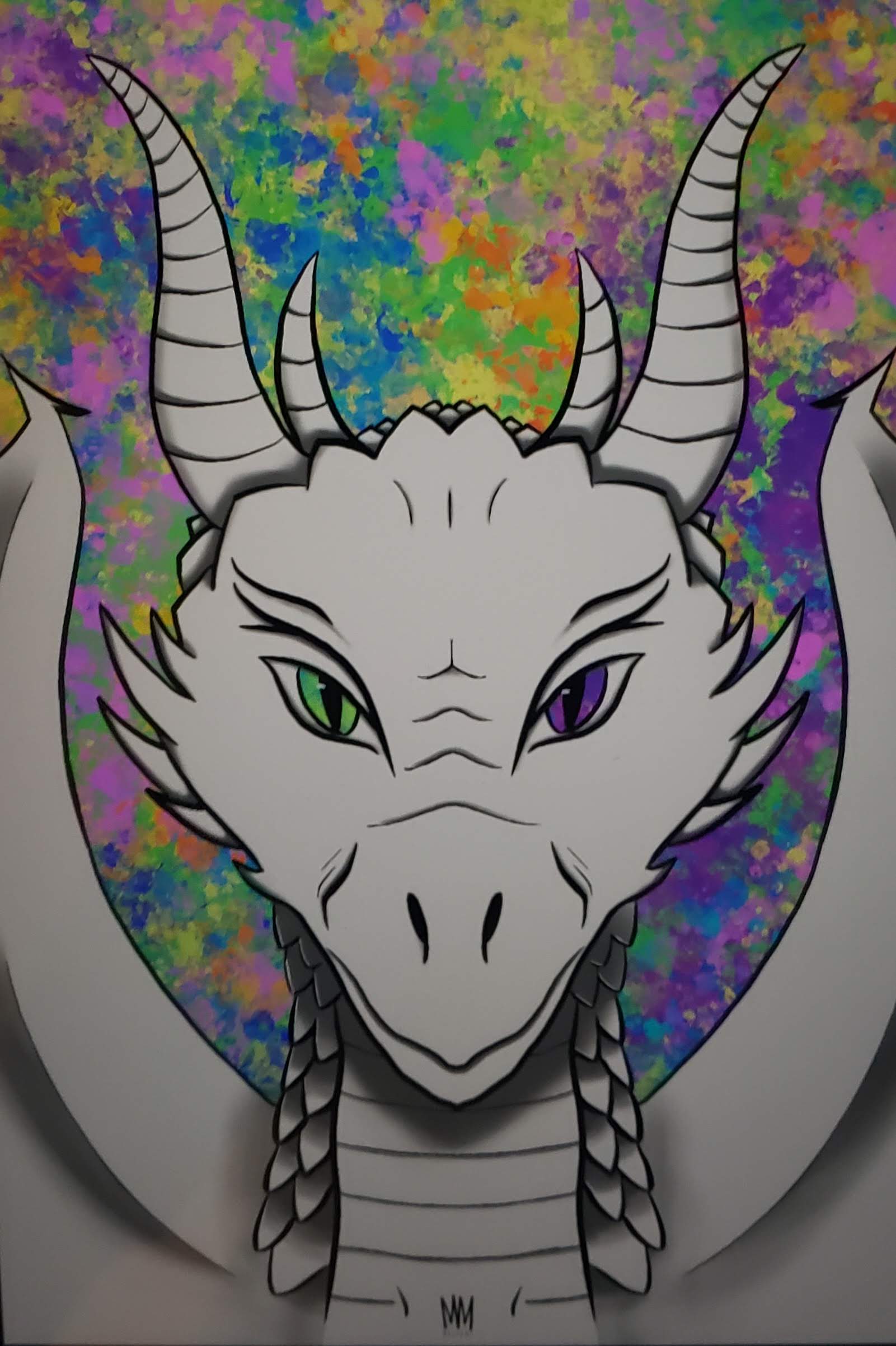 a black and white dragon design with pastel colored background