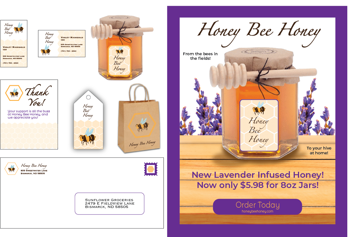 full business package of a honey brand featuring a vector bee