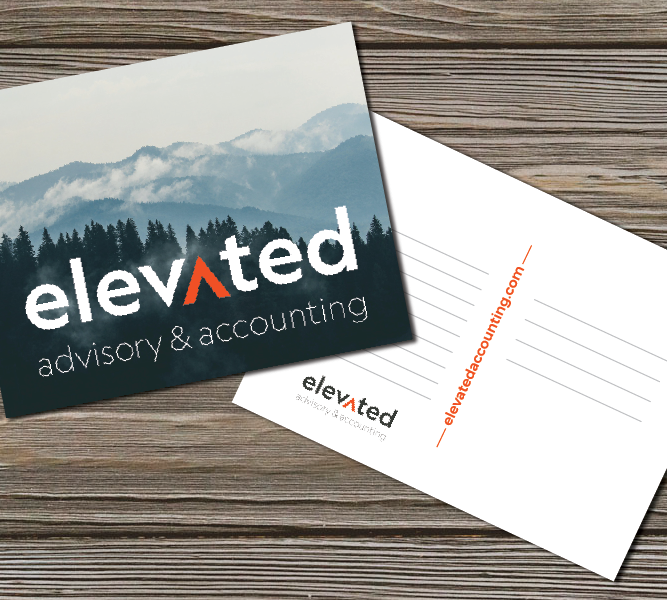 post card design featuring mountains and a logo