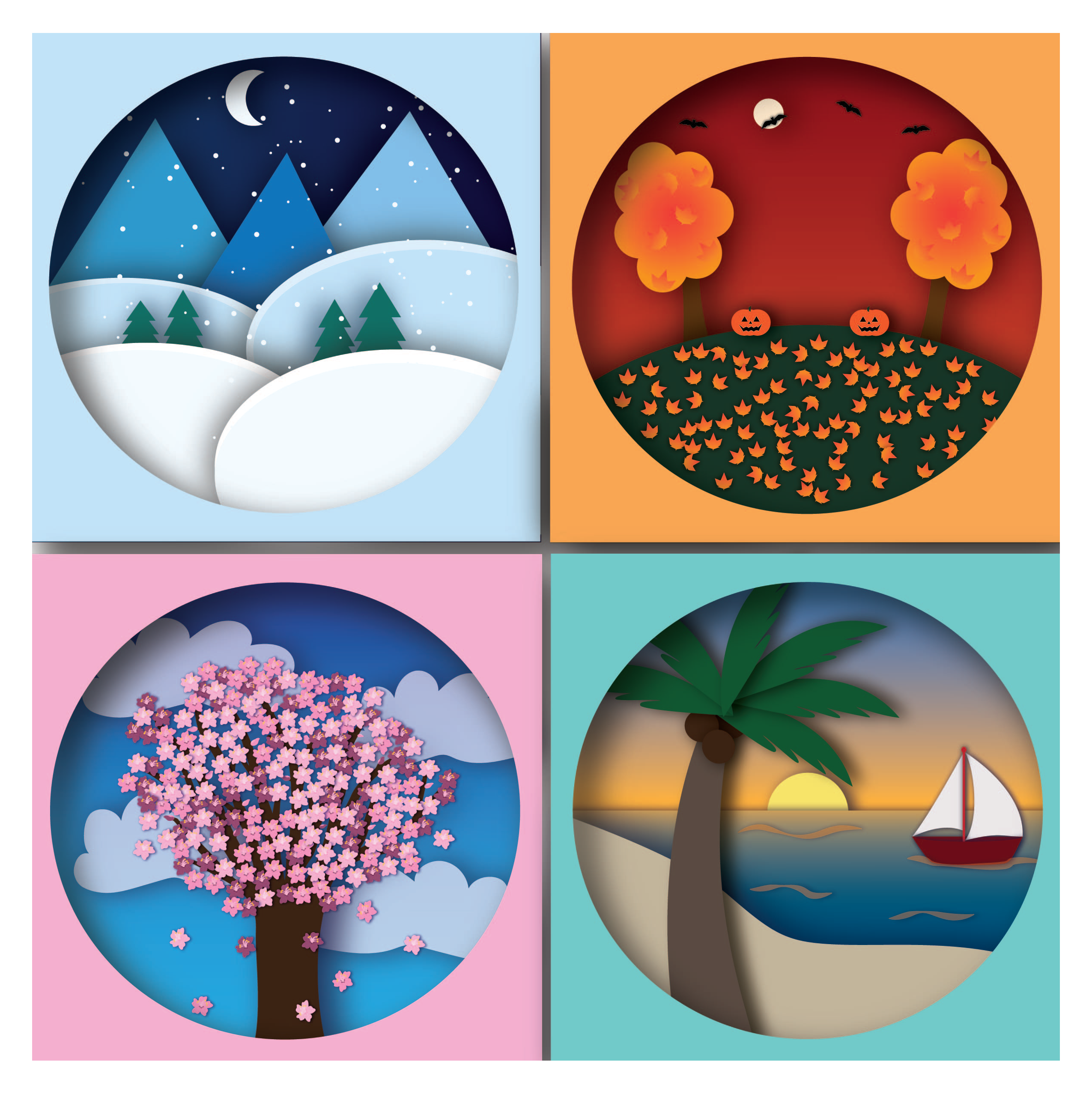 portals into the four seasons in a paper cutout style