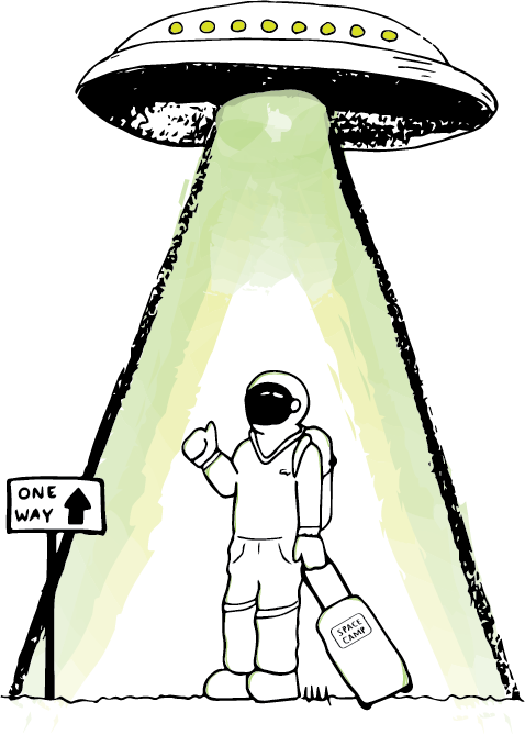 a vector design of an astronaut holding a suitcase that says space camp being abducted by a UFO