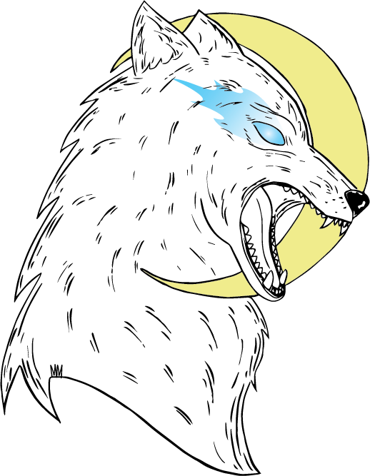 a vector design of a wolf head with a glowing eye and a moon