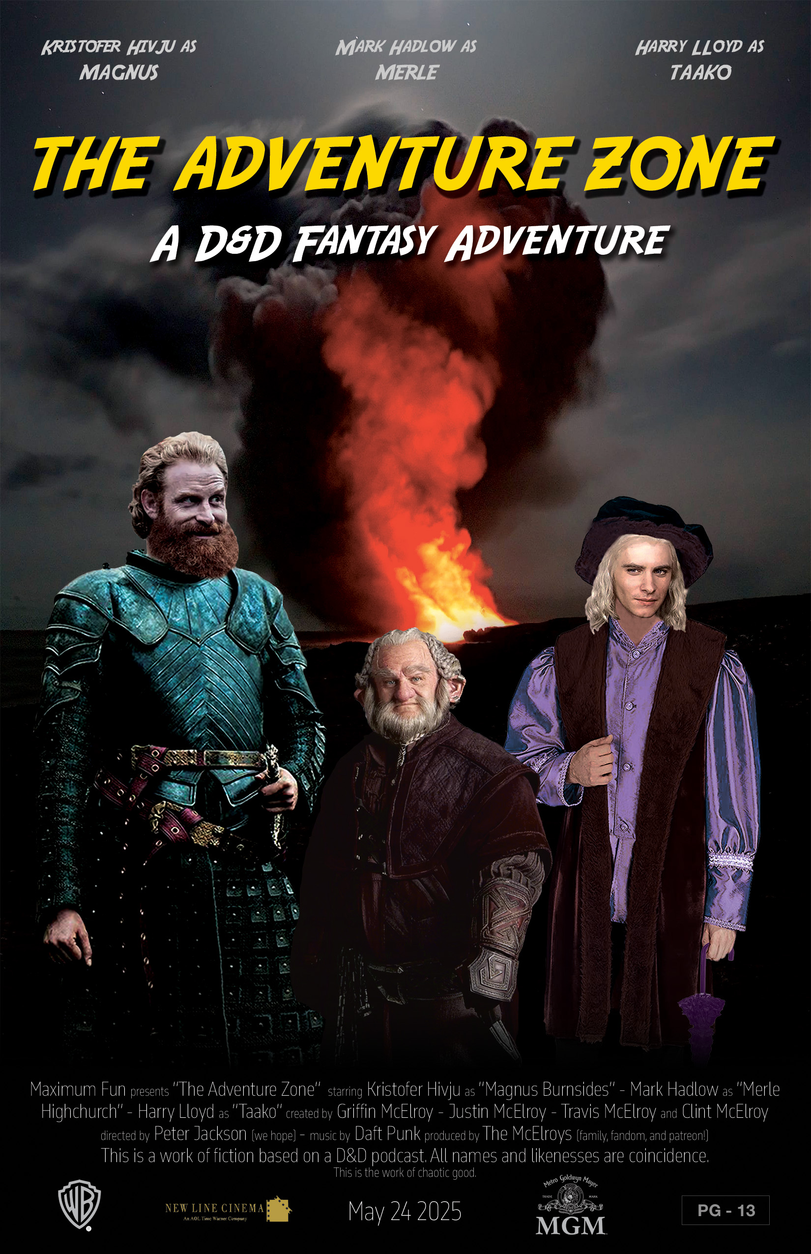 a fake movie poster for the adventure zone podcast. 3 adventurers with a background that is on fire.