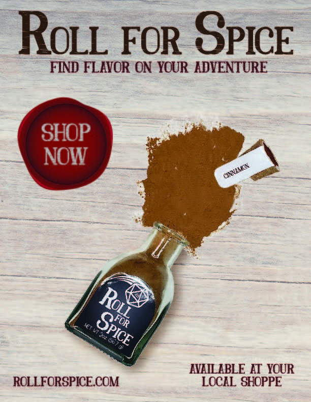 a magazine advertisment for a fictional spice brand that is themed after a 20 sided dice