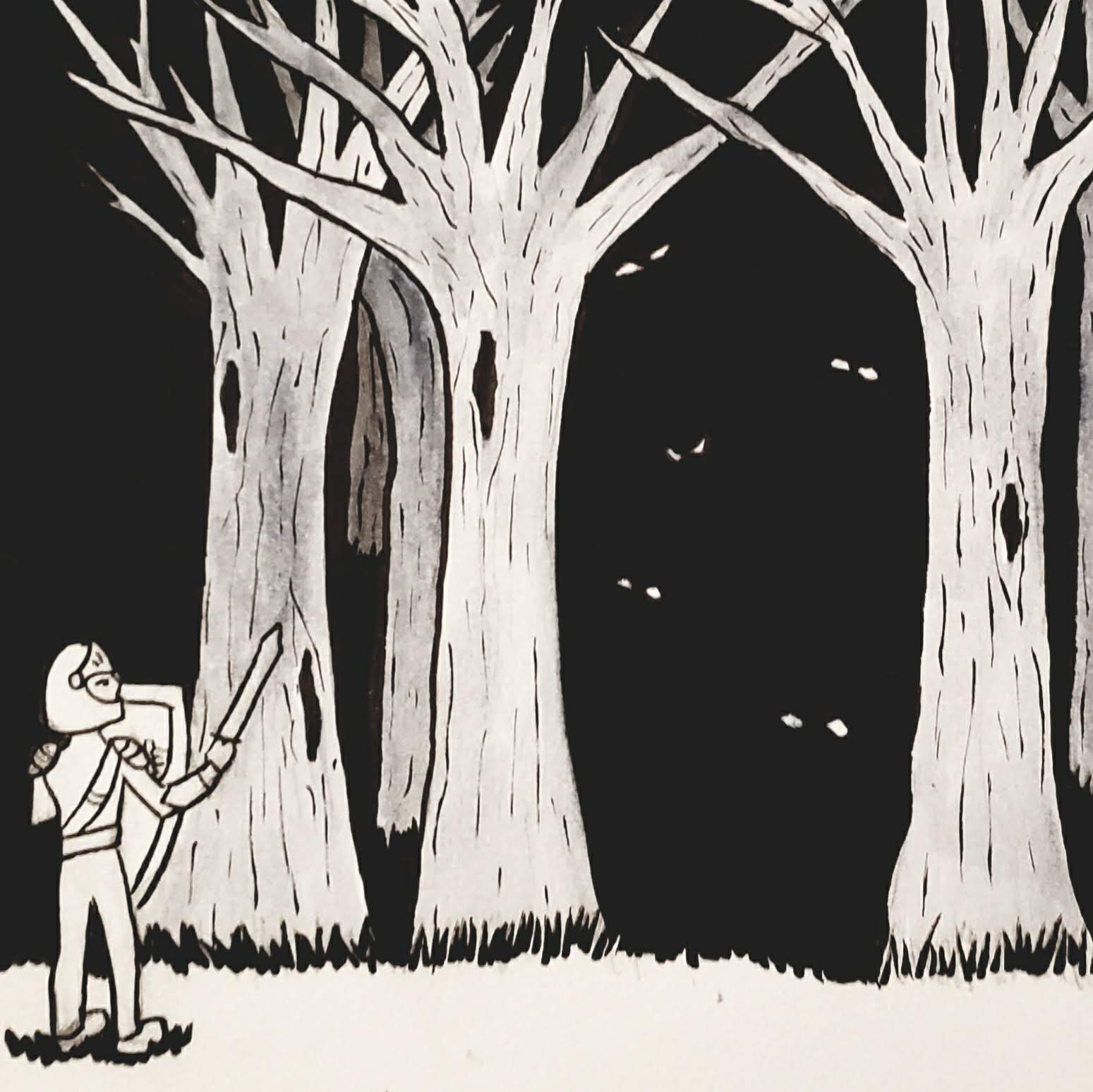 ink drawing of knight about to enter spooky forest