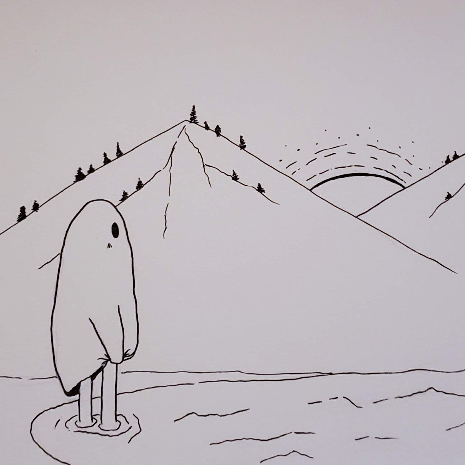 ink drawing of a sheet ghost standing in shallow water