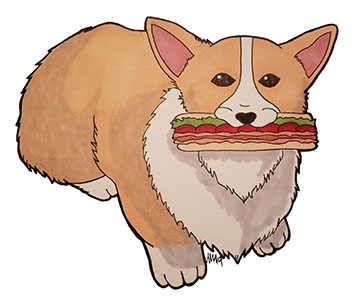 ink drawing of a corgi dog eating a sandwich