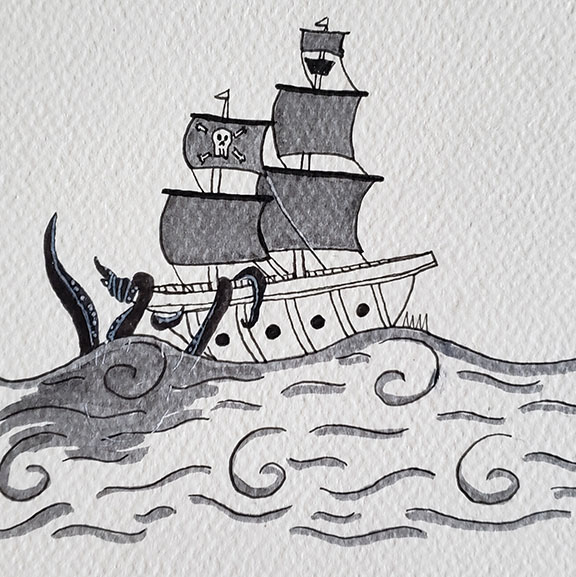 ink drawing of a kraken taking down a pirate ship