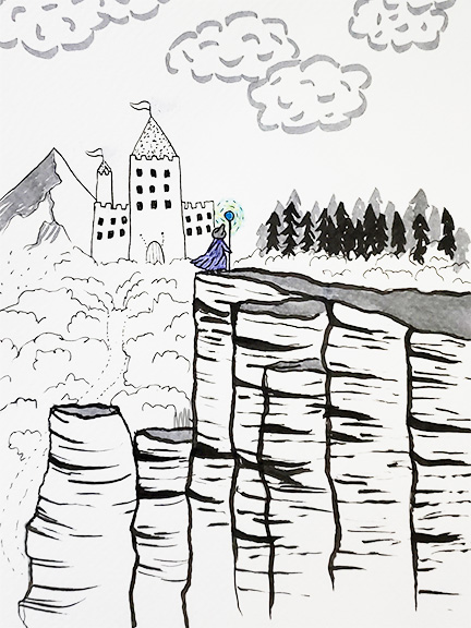 ink drawing of a wizard on a cliff by a castle