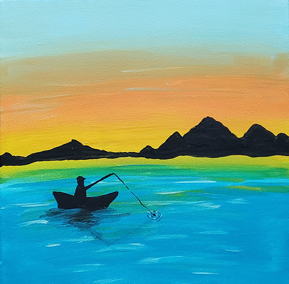 a silhouette of a person in a boat fishing on a blue lake